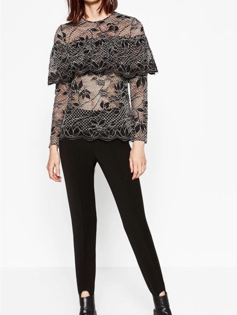 Romantic Lace Ruffle Top Sheer Whimsigoth Coquette Boho Black Zara M BNWT